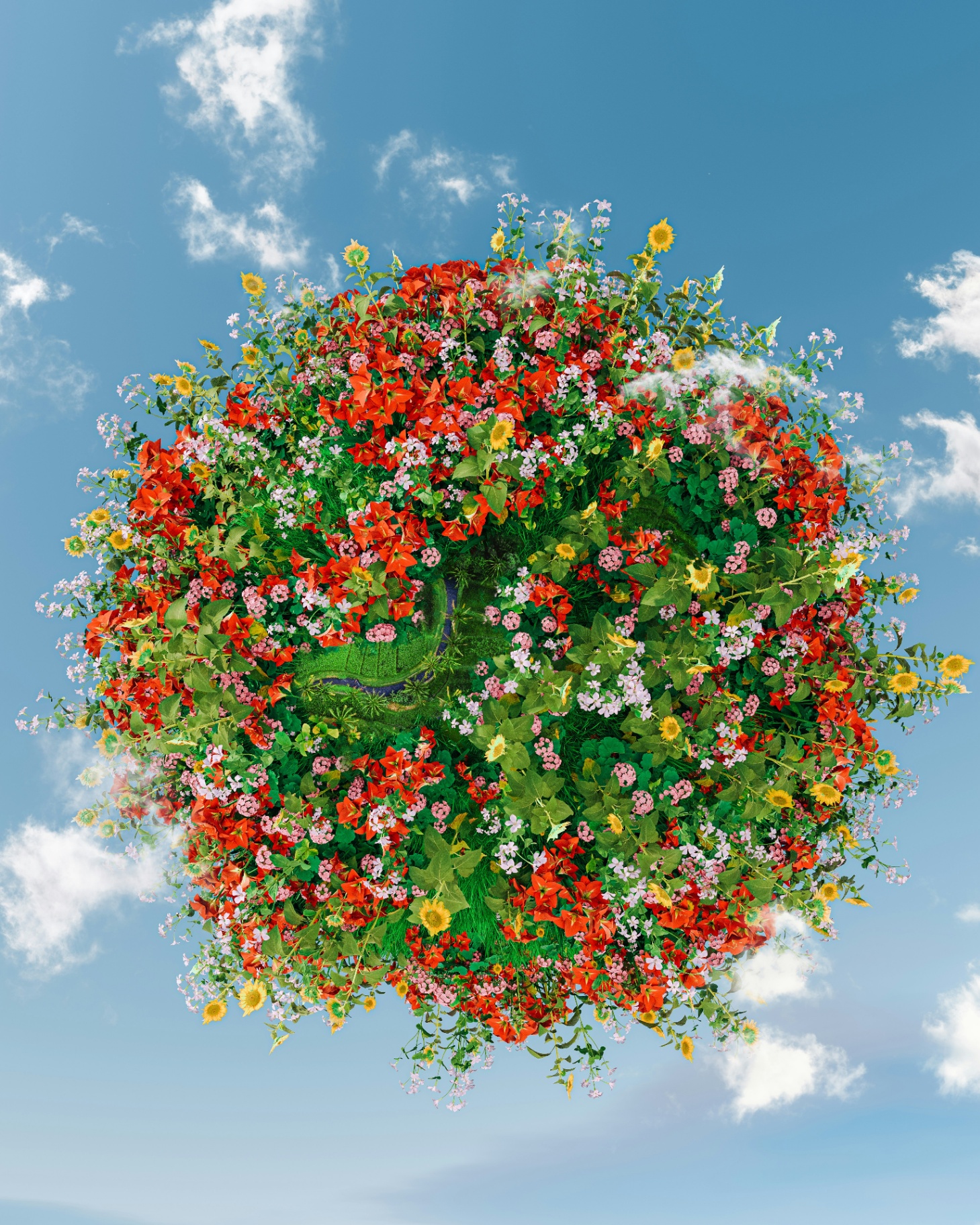 Floral sphere against a blue sky for creative strategy