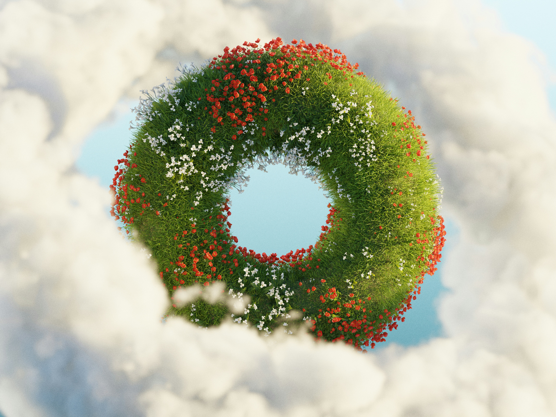Circular floral form floating in the clouds for brand strategy