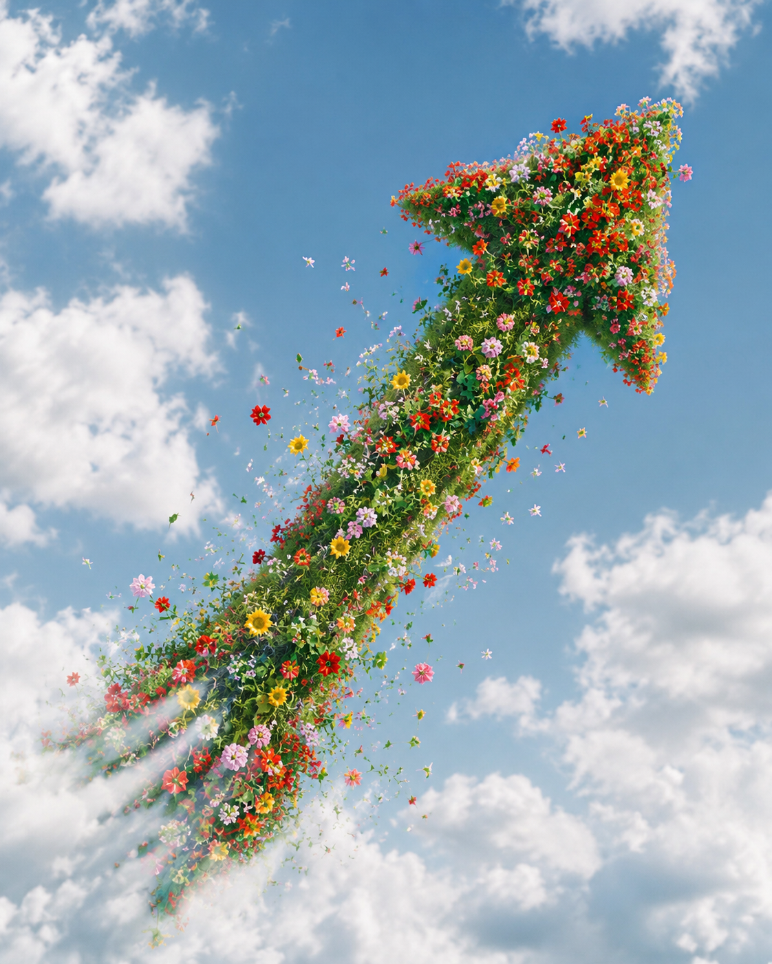 Arrow made from flowers rising through the sky for innovation